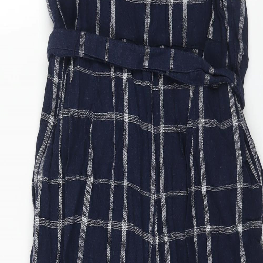Marks and Spencer Womens Blue Check Linen Jumpsuit One-Piece Size 10 L20 in Zip - Belted Button
