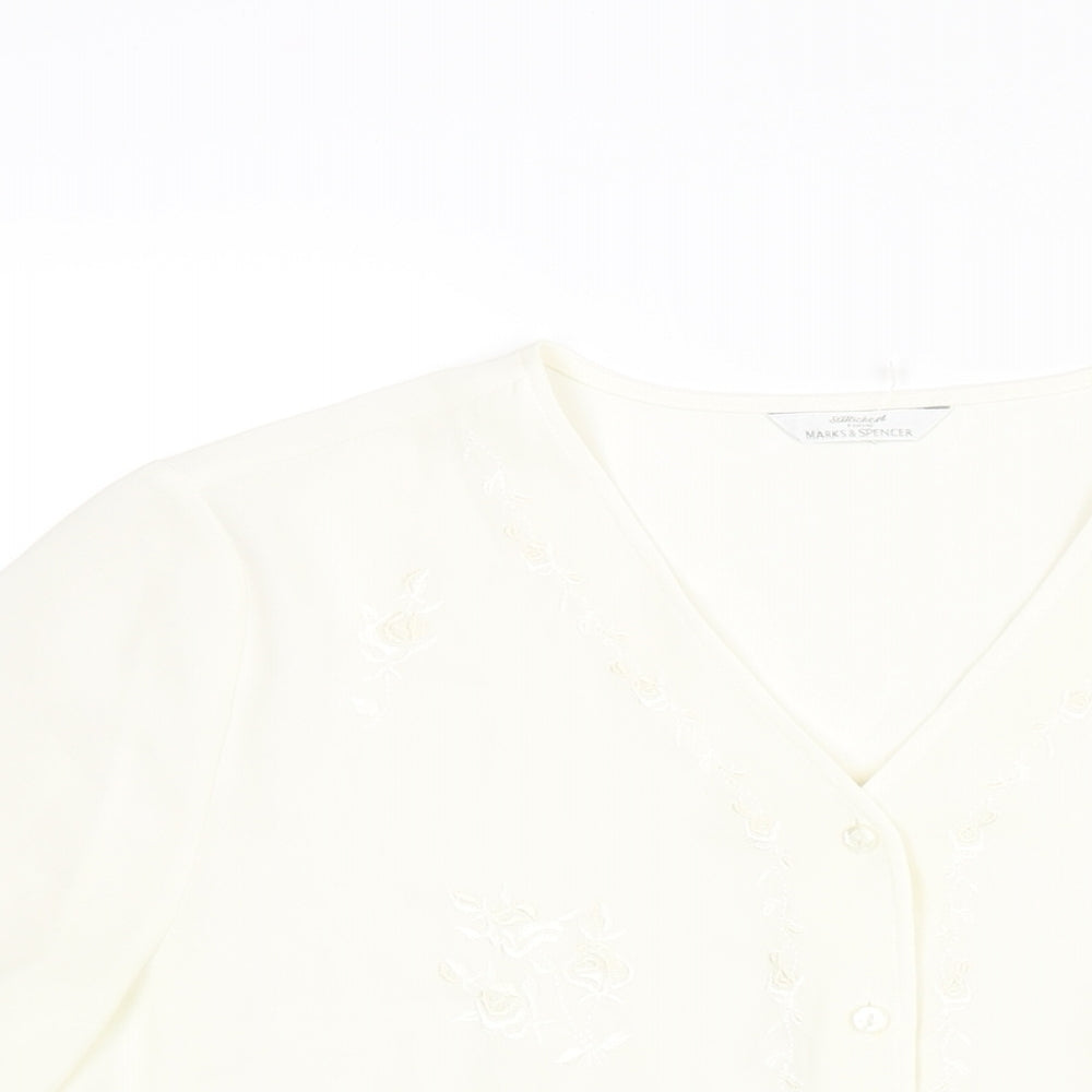 St Michael Womens Ivory Polyester Basic Blouse Size 14 V-Neck - Embroidered Detail