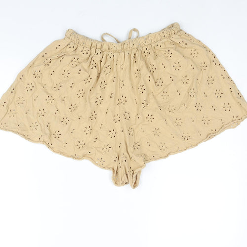ASOS Womens Beige Cotton Basic Shorts Size 12 Regular Drawstring - Floral Cut Out