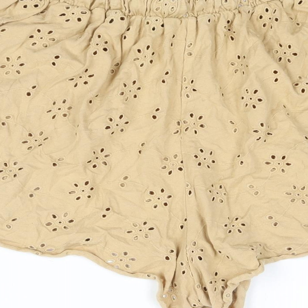 ASOS Womens Beige Cotton Basic Shorts Size 12 Regular Drawstring - Floral Cut Out