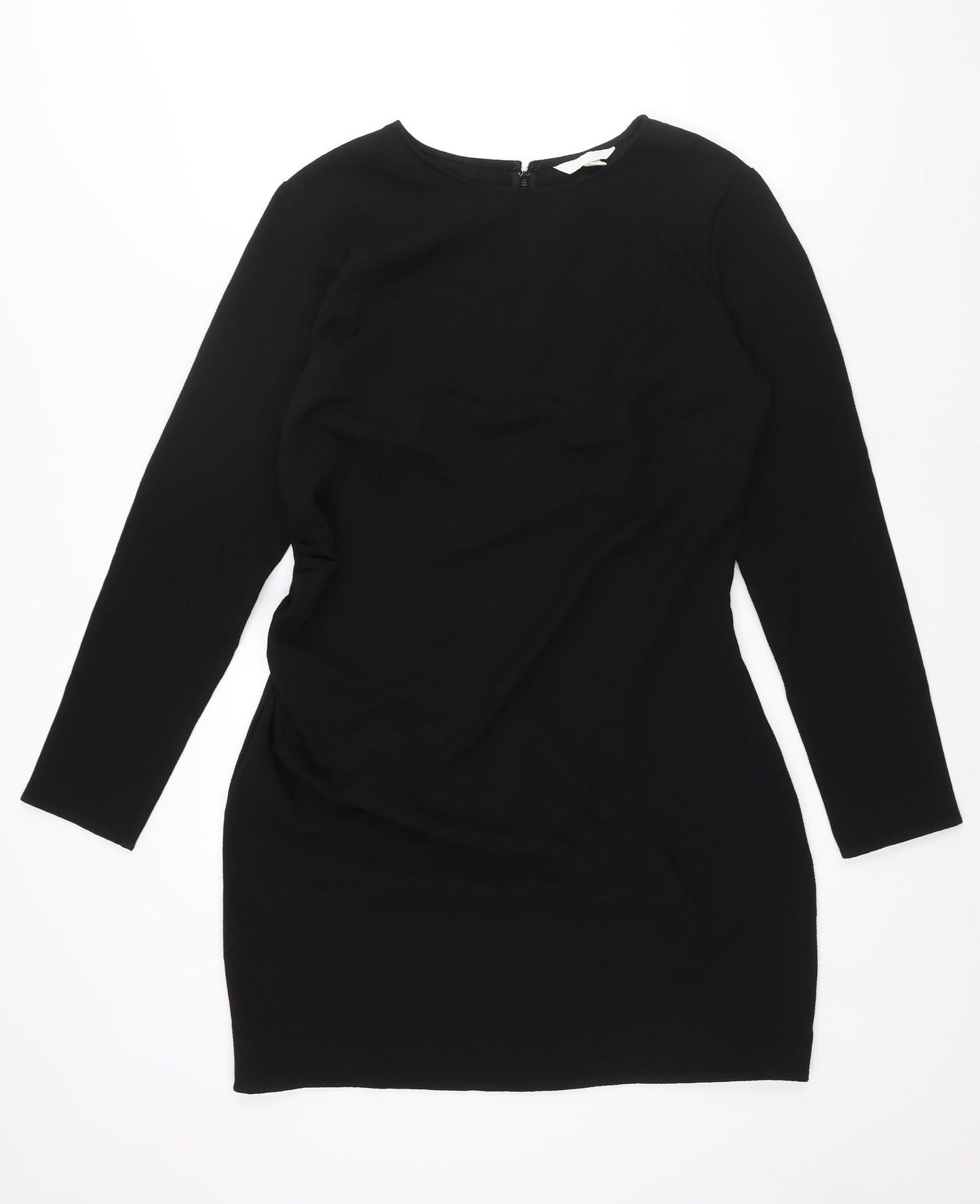 H&M Womens Black Polyester Shift Size L Round Neck Zip - Rouched