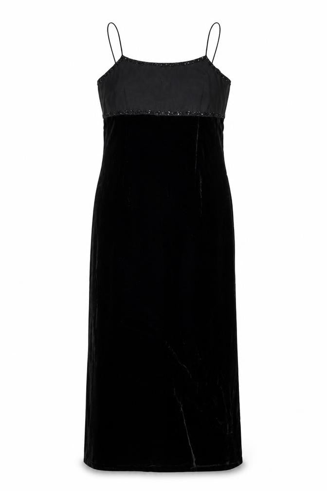 Front view of Monsoon women’s black polyester maxi, size UK 12, scoop neck zip - beaded neckline