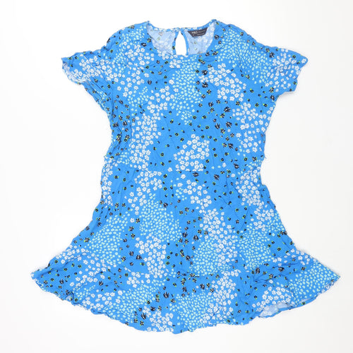 Marks and Spencer Womens Blue Floral Viscose A-Line Size 14 Round Neck Button