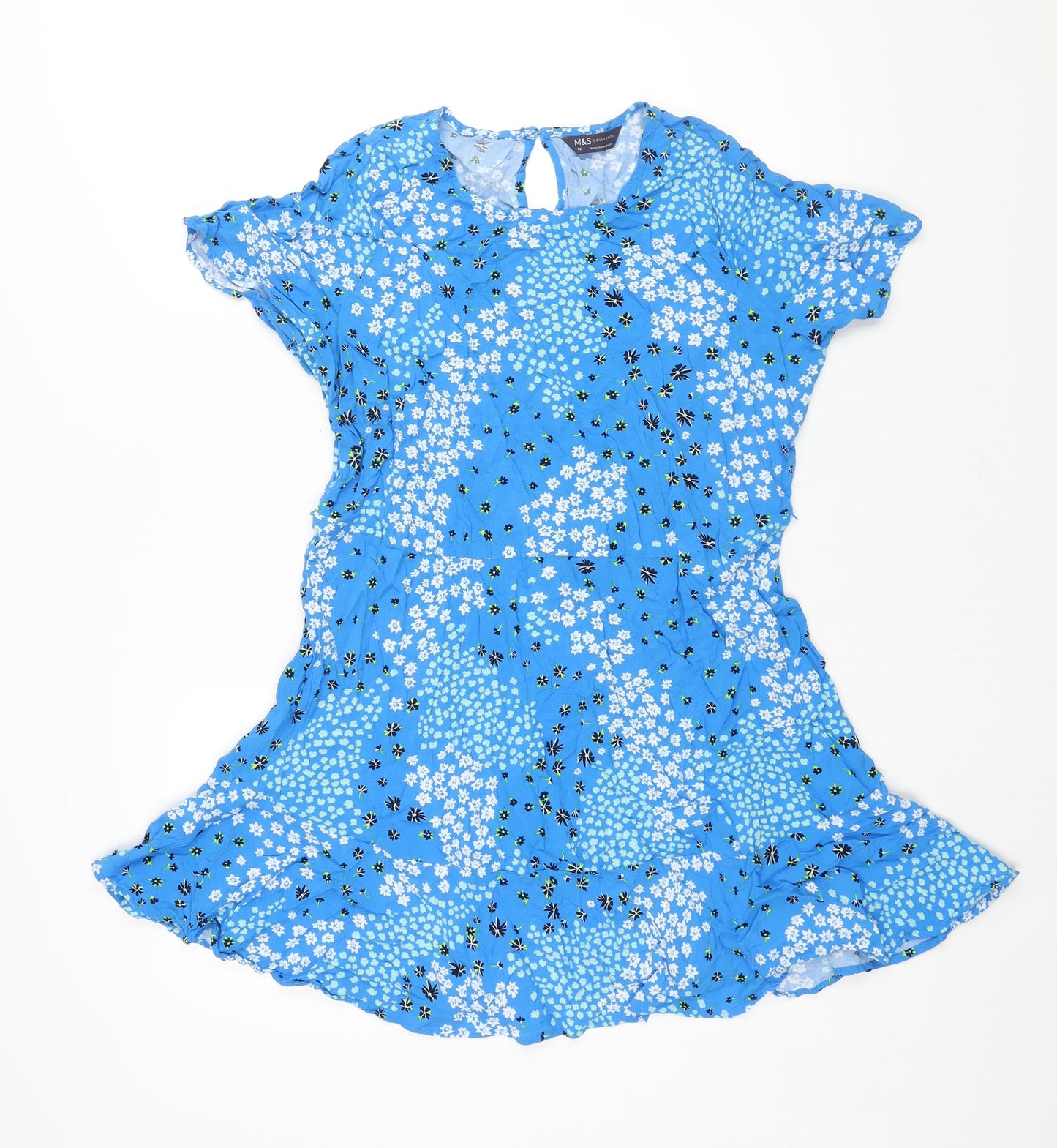 Marks and Spencer Womens Blue Floral Viscose A-Line Size 14 Round Neck Button