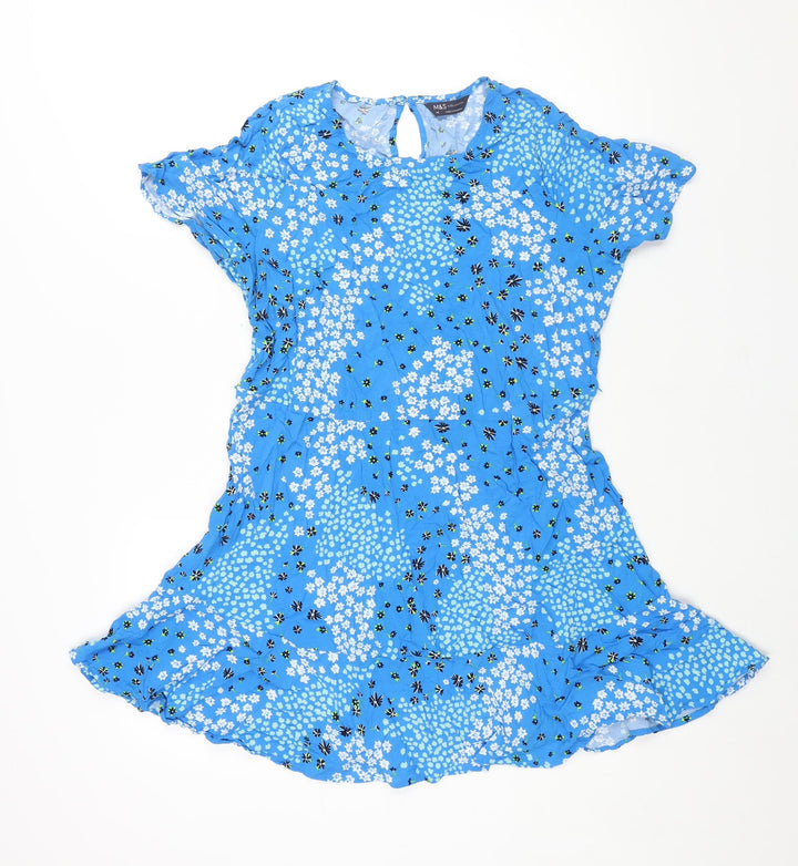 Marks and Spencer Womens Blue Floral Viscose A-Line Size 14 Round Neck Button