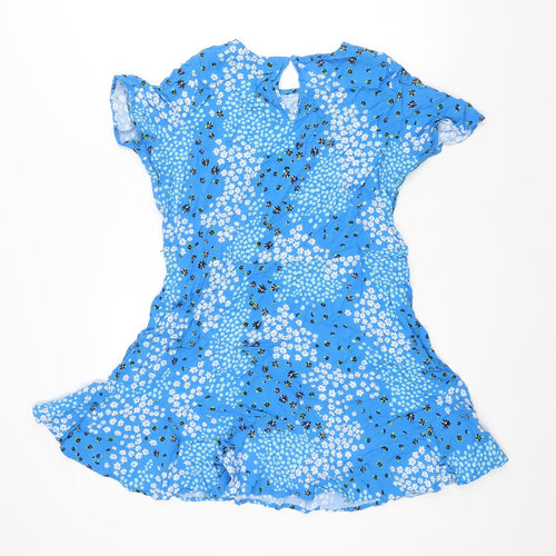 Marks and Spencer Womens Blue Floral Viscose A-Line Size 14 Round Neck Button