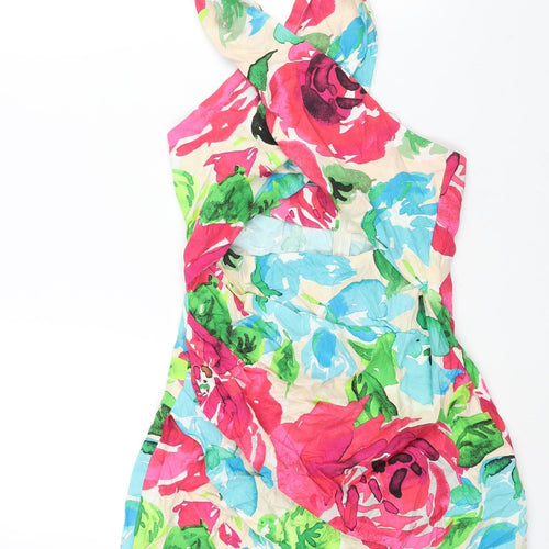 Zara Womens Multicoloured Floral Polyester Mini Size L Halter Zip - Cut Out Detail