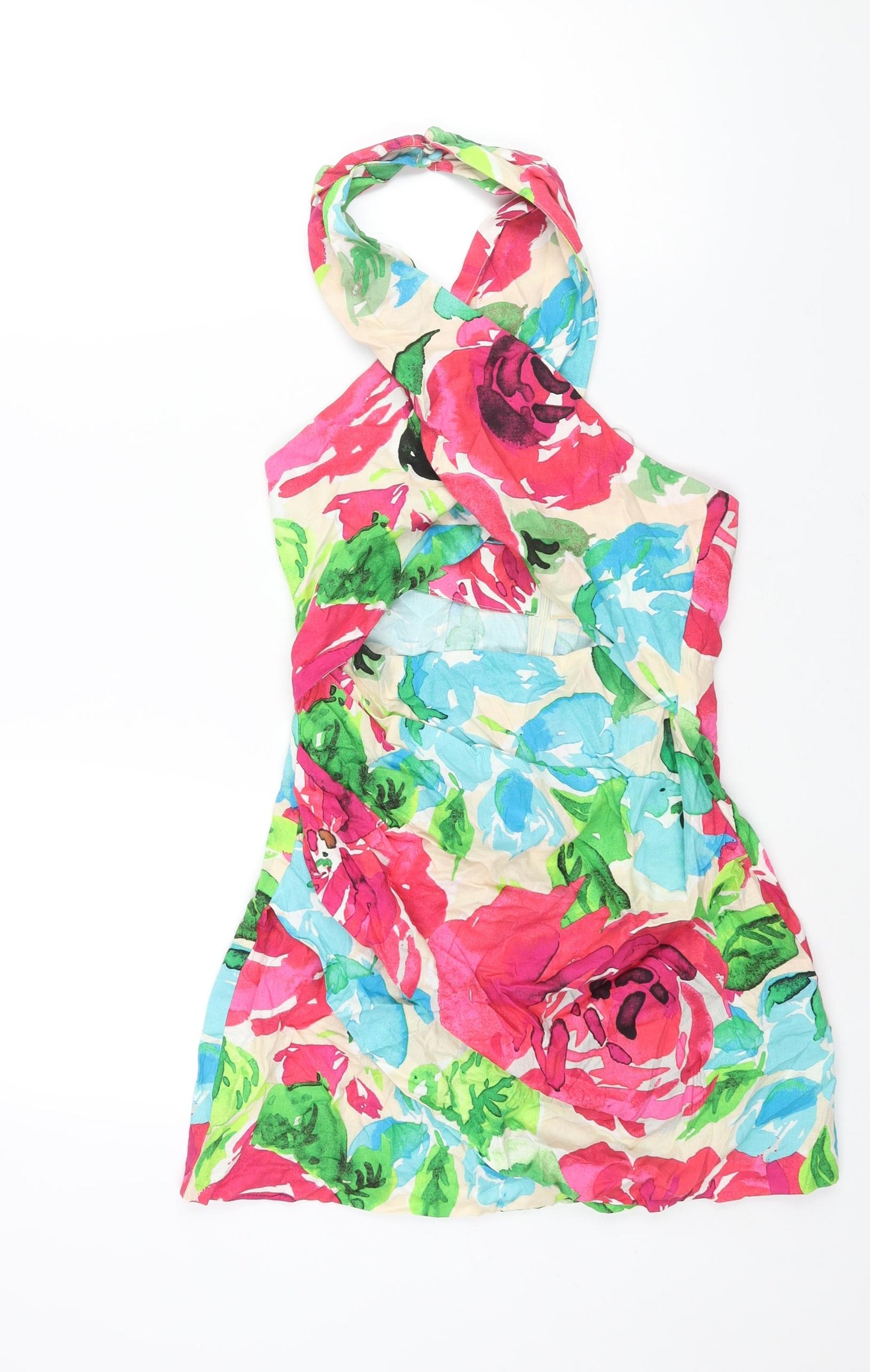Zara Womens Multicoloured Floral Polyester Mini Size L Halter Zip - Cut Out Detail