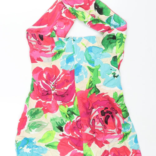 Zara Womens Multicoloured Floral Polyester Mini Size L Halter Zip - Cut Out Detail