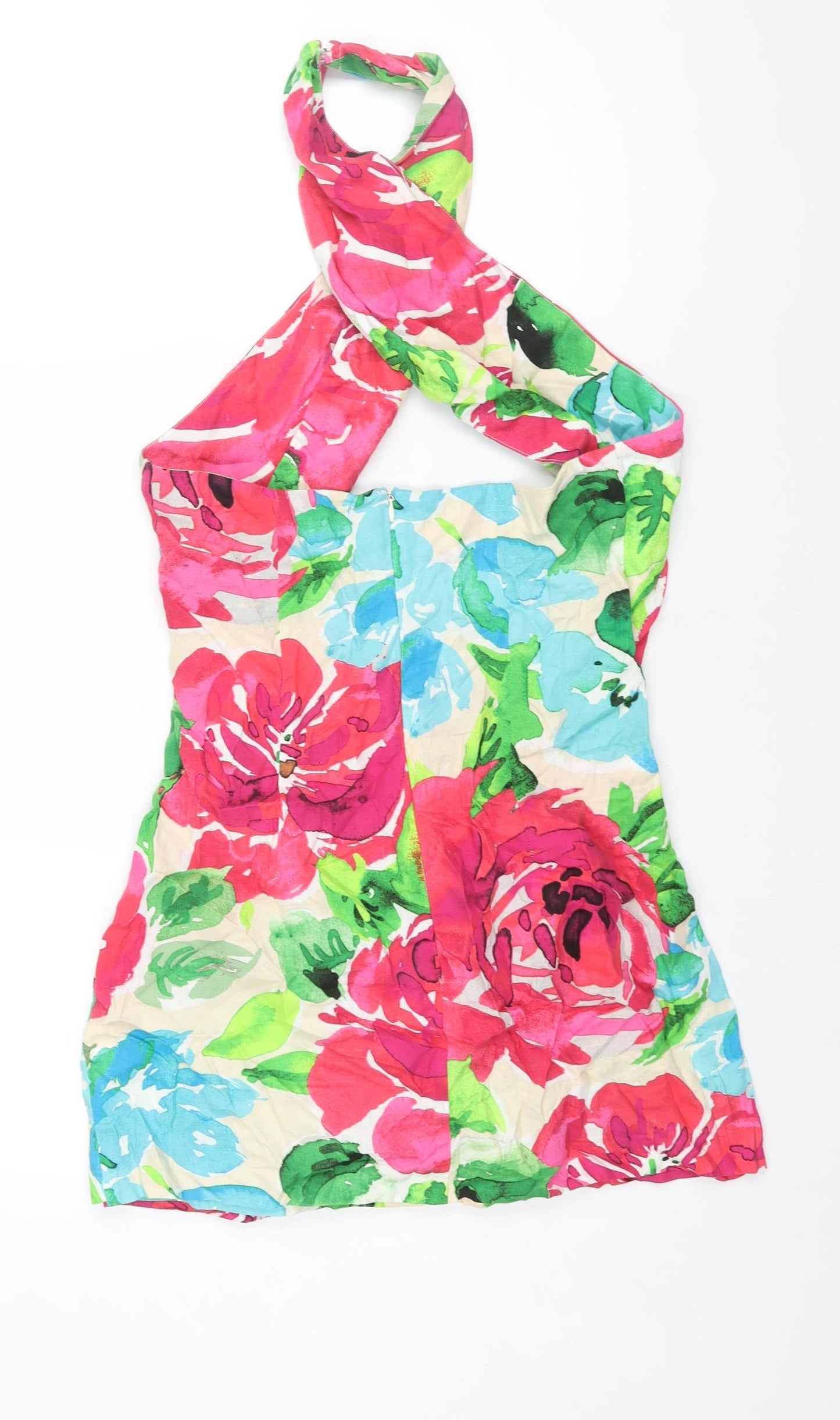 Zara Womens Multicoloured Floral Polyester Mini Size L Halter Zip - Cut Out Detail