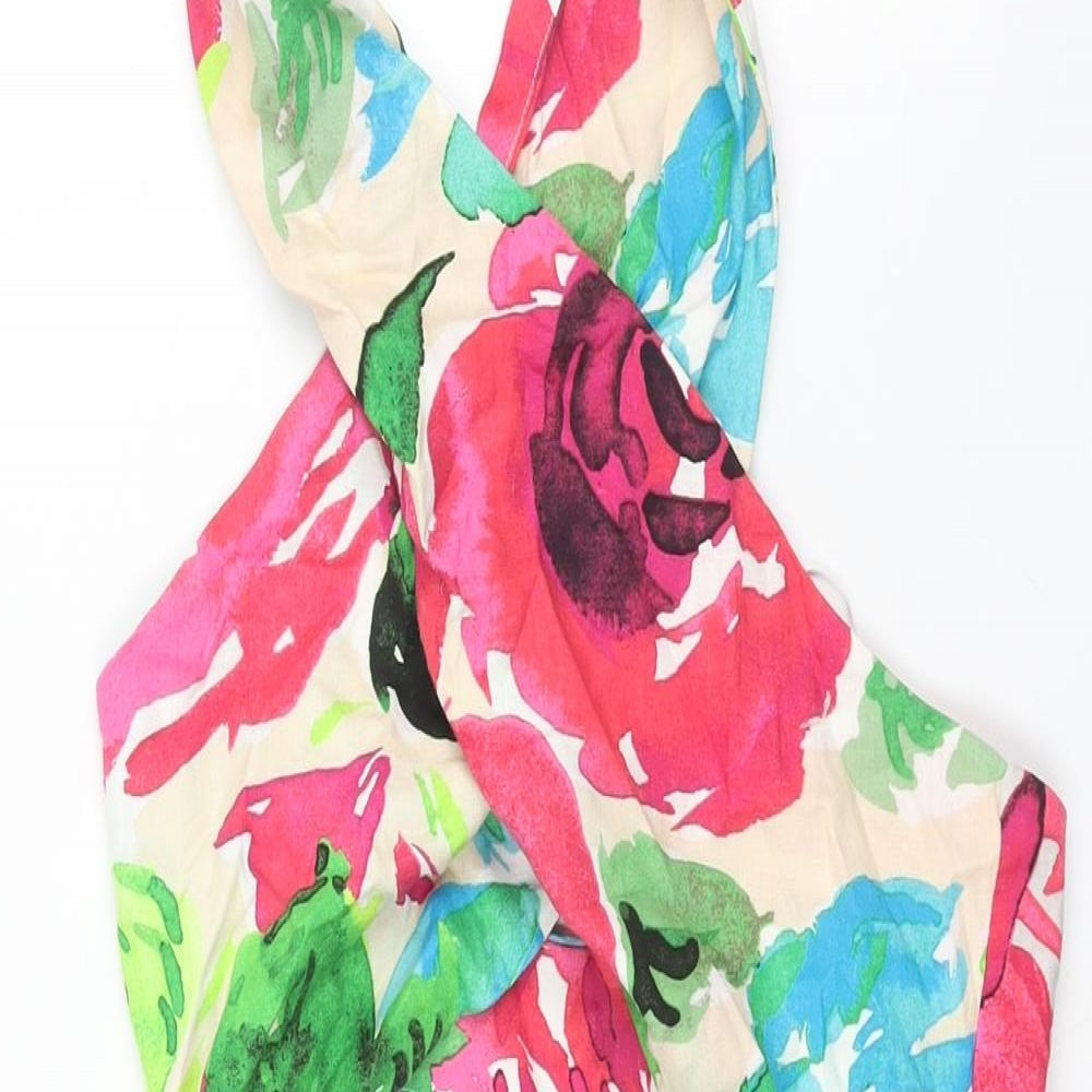 Zara Womens Multicoloured Floral Polyester Mini Size L Halter Zip - Cut Out Detail