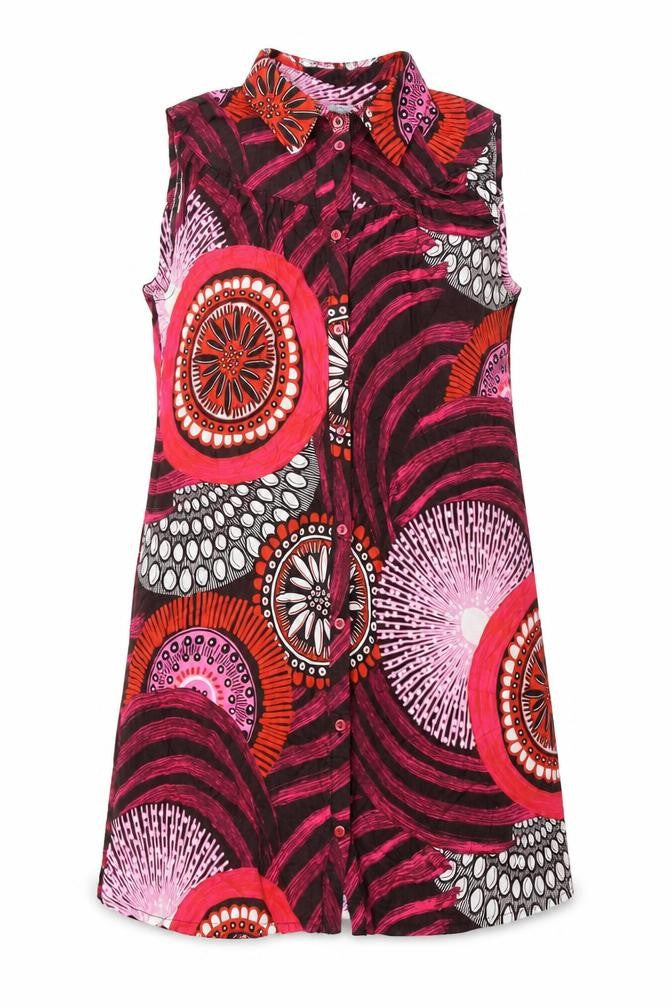 Front view of Red Herring women’s multicoloured geometric cotton a-line, size UK 14, collared button