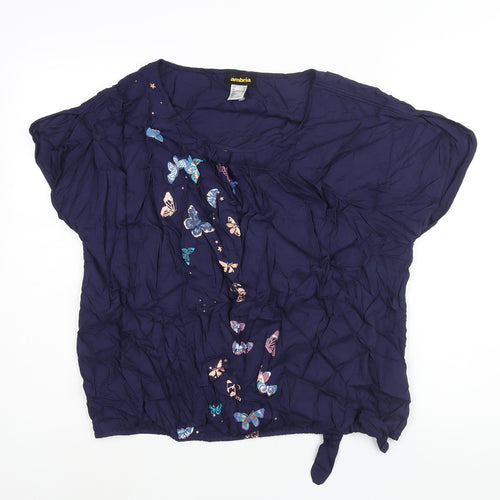 Ambria Womens Blue Viscose Basic Blouse Size 18 Round Neck - Butterfly Print Tie Detail
