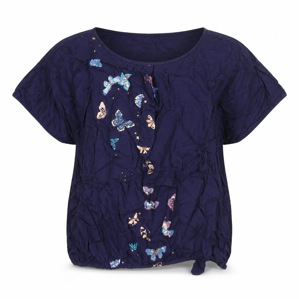 Ambria Womens Blue Viscose Basic Blouse Size 18 Round Neck - Butterfly Print Tie Detail