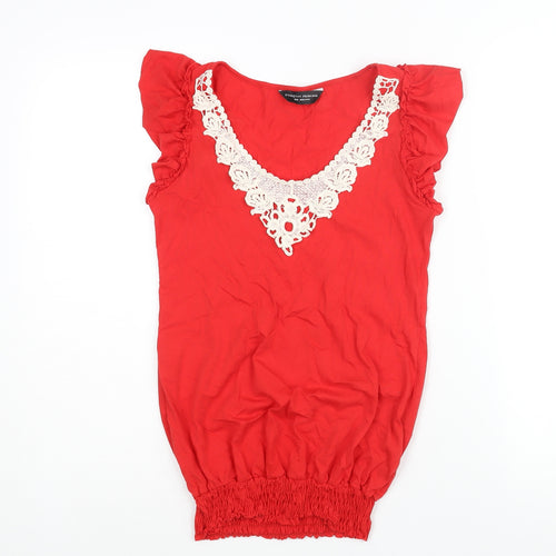 Dorothy Perkins Womens Red Cotton Basic Blouse Size 8 V-Neck - Frill Lace Detail