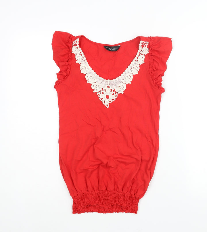Dorothy Perkins Womens Red Cotton Basic Blouse Size 8 V-Neck - Frill Lace Detail