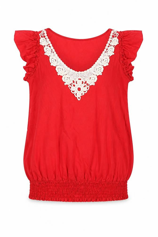 Dorothy Perkins Womens Red Cotton Basic Blouse Size 8 V-Neck - Frill Lace Detail
