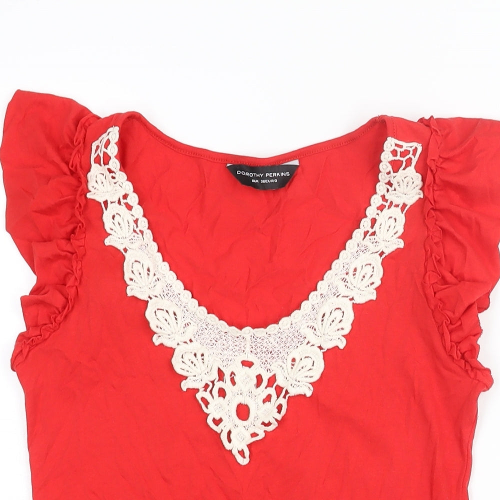 Dorothy Perkins Womens Red Cotton Basic Blouse Size 8 V-Neck - Frill Lace Detail