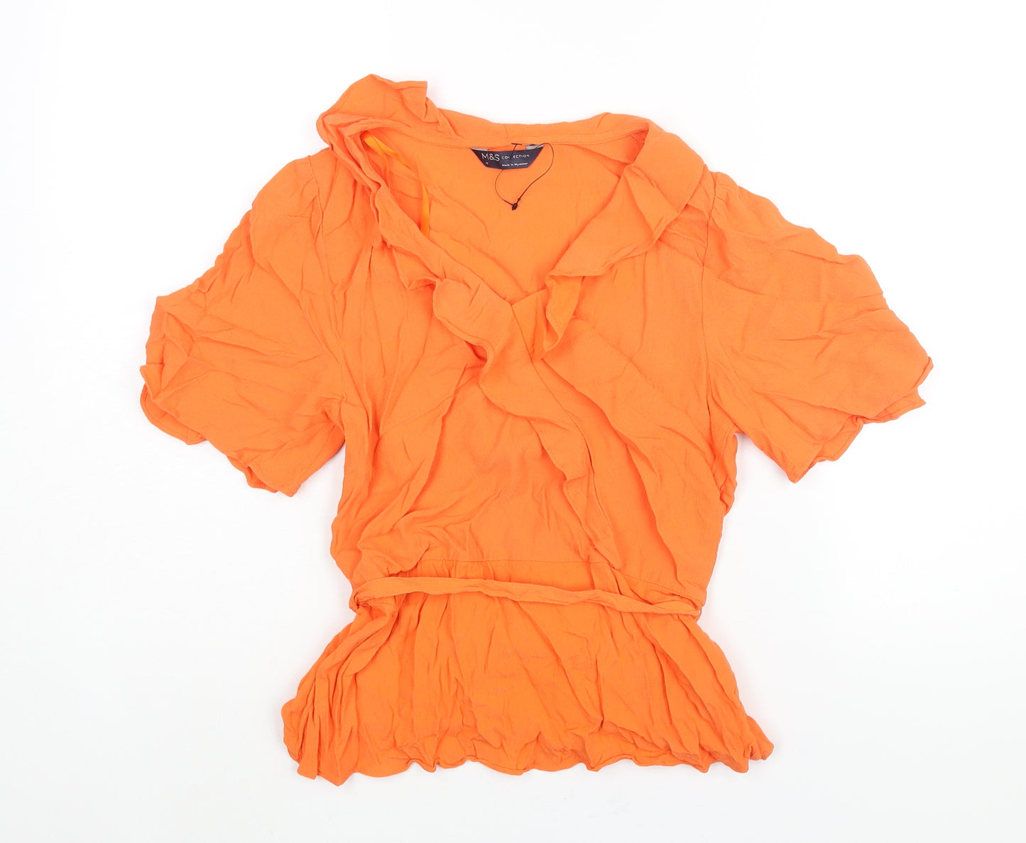 Marks and Spencer Womens Orange Viscose Basic Blouse Size 10 V-Neck - Belted Peplum