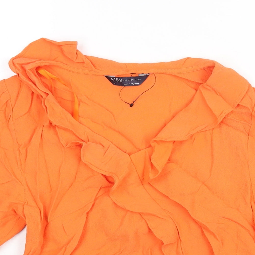 Marks and Spencer Womens Orange Viscose Basic Blouse Size 10 V-Neck - Belted Peplum