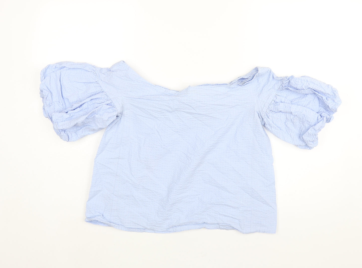 H&M Womens Blue Cotton Basic Blouse Size 12 Boat Neck - Textured