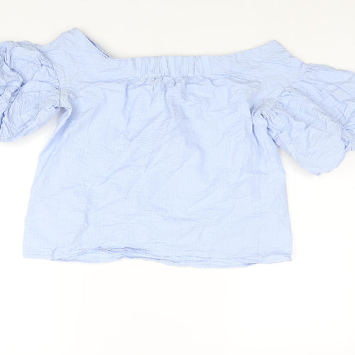 H&M Womens Blue Cotton Basic Blouse Size 12 Boat Neck - Textured