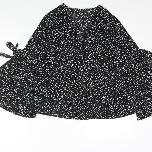 Debenhams Womens Black Geometric Polyester Basic Blouse Size 12 V-Neck - Bell Sleeve Bow Detail