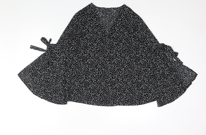 Debenhams Womens Black Geometric Polyester Basic Blouse Size 12 V-Neck - Bell Sleeve Bow Detail