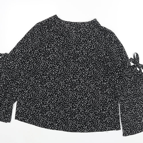 Debenhams Womens Black Geometric Polyester Basic Blouse Size 12 V-Neck - Bell Sleeve Bow Detail