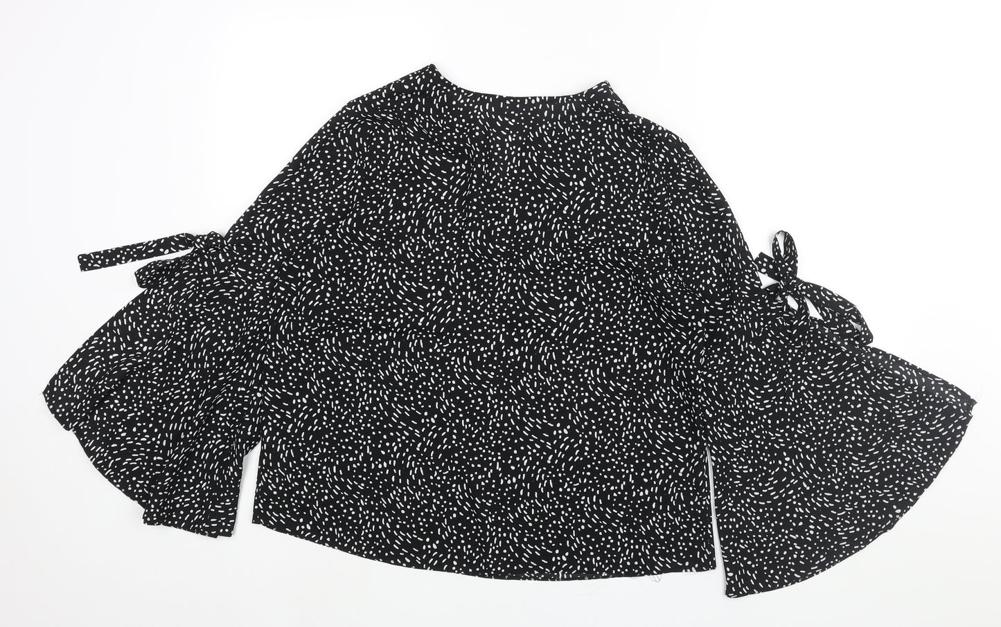 Debenhams Womens Black Geometric Polyester Basic Blouse Size 12 V-Neck - Bell Sleeve Bow Detail