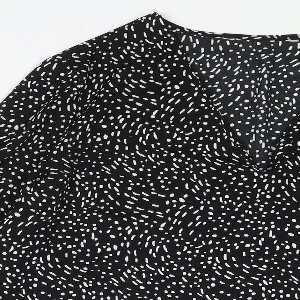 Debenhams Womens Black Geometric Polyester Basic Blouse Size 12 V-Neck - Bell Sleeve Bow Detail