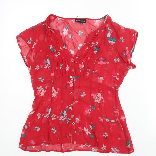 Warehouse Womens Red Floral Polyester Basic Blouse Size 12 V-Neck - Semi Sheer
