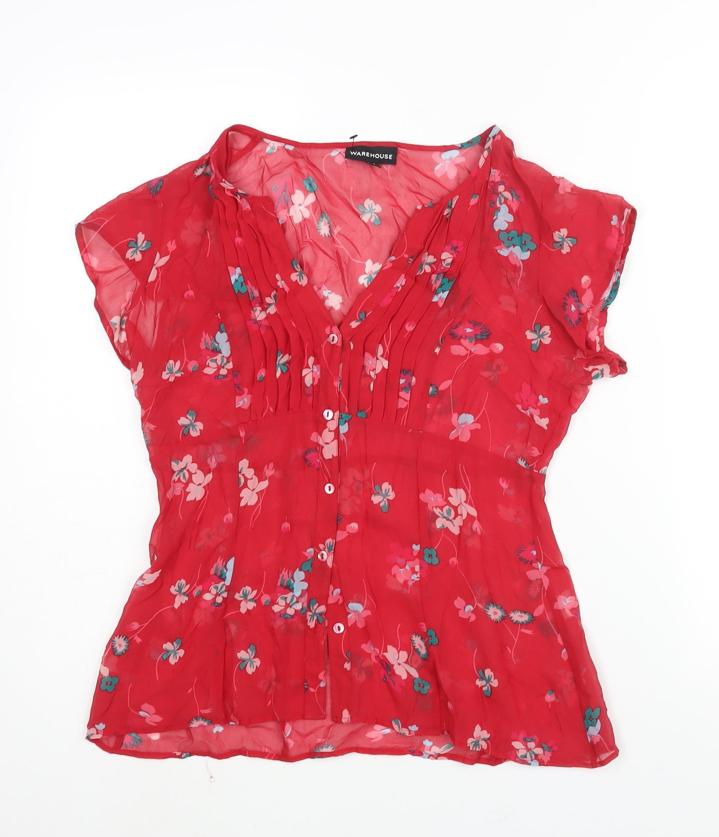 Warehouse Womens Red Floral Polyester Basic Blouse Size 12 V-Neck - Semi Sheer