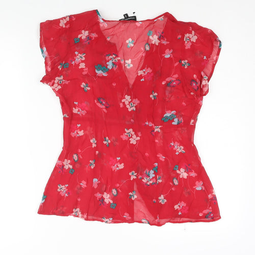 Warehouse Womens Red Floral Polyester Basic Blouse Size 12 V-Neck - Semi Sheer