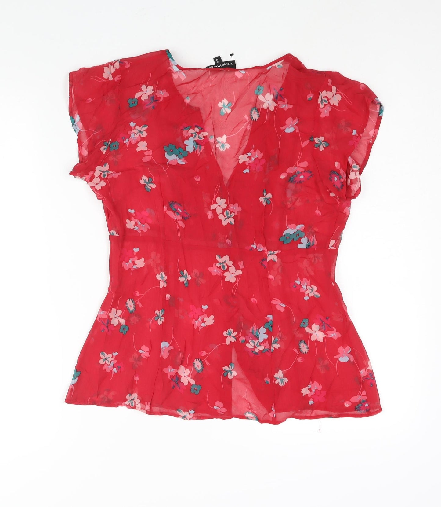 Warehouse Womens Red Floral Polyester Basic Blouse Size 12 V-Neck - Semi Sheer