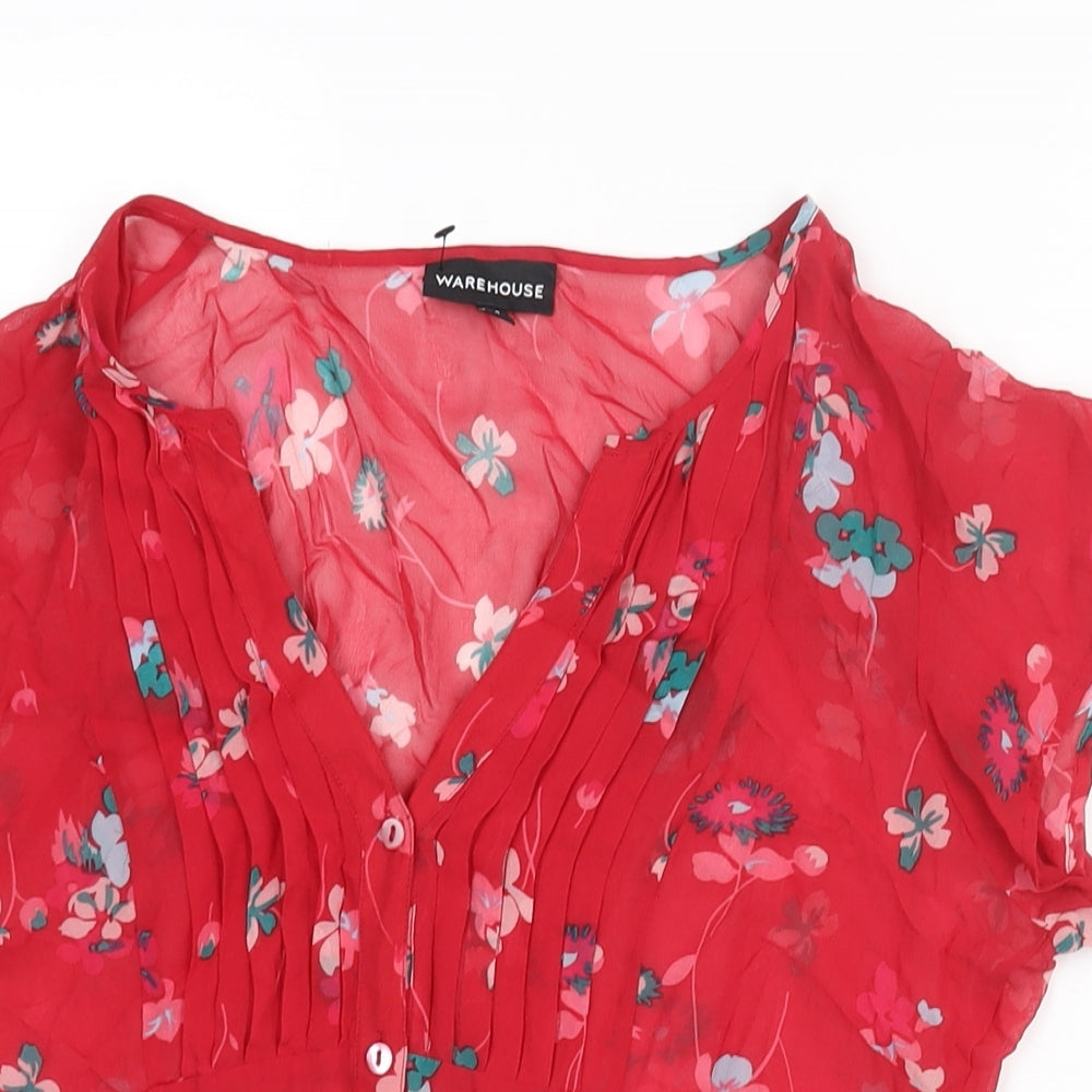 Warehouse Womens Red Floral Polyester Basic Blouse Size 12 V-Neck - Semi Sheer