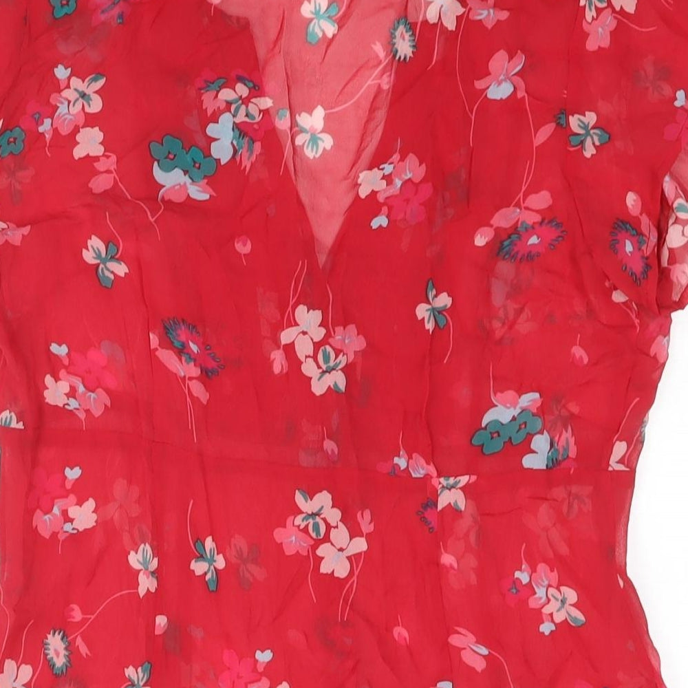 Warehouse Womens Red Floral Polyester Basic Blouse Size 12 V-Neck - Semi Sheer
