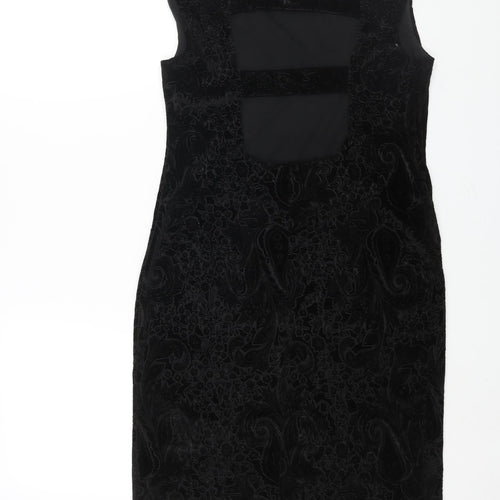 Miss Selfridge Womens Black Paisley Polyester Pencil Dress Size 14 Square Neck Pullover - Open Back Detail