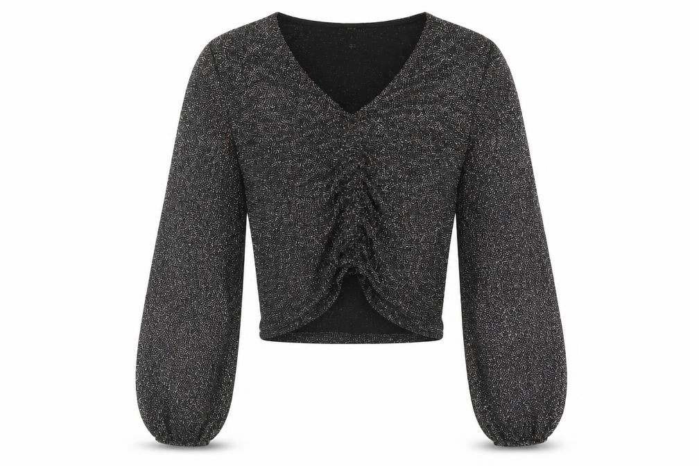 Front view of New Look women’s black nylon basic blouse, size UK 10, v-neck - drawstring detail glitter