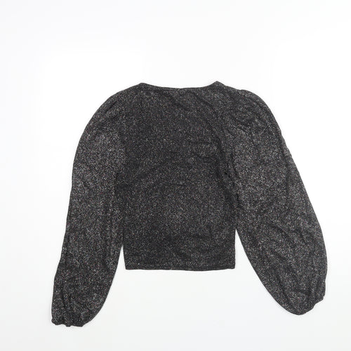 New Look Womens Black Nylon Basic Blouse Size 10 V-Neck - Drawstring Detail Glitter