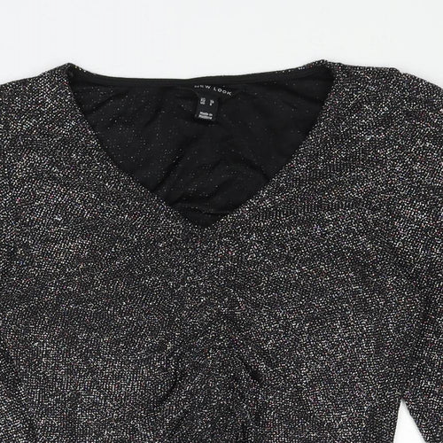 New Look Womens Black Nylon Basic Blouse Size 10 V-Neck - Drawstring Detail Glitter