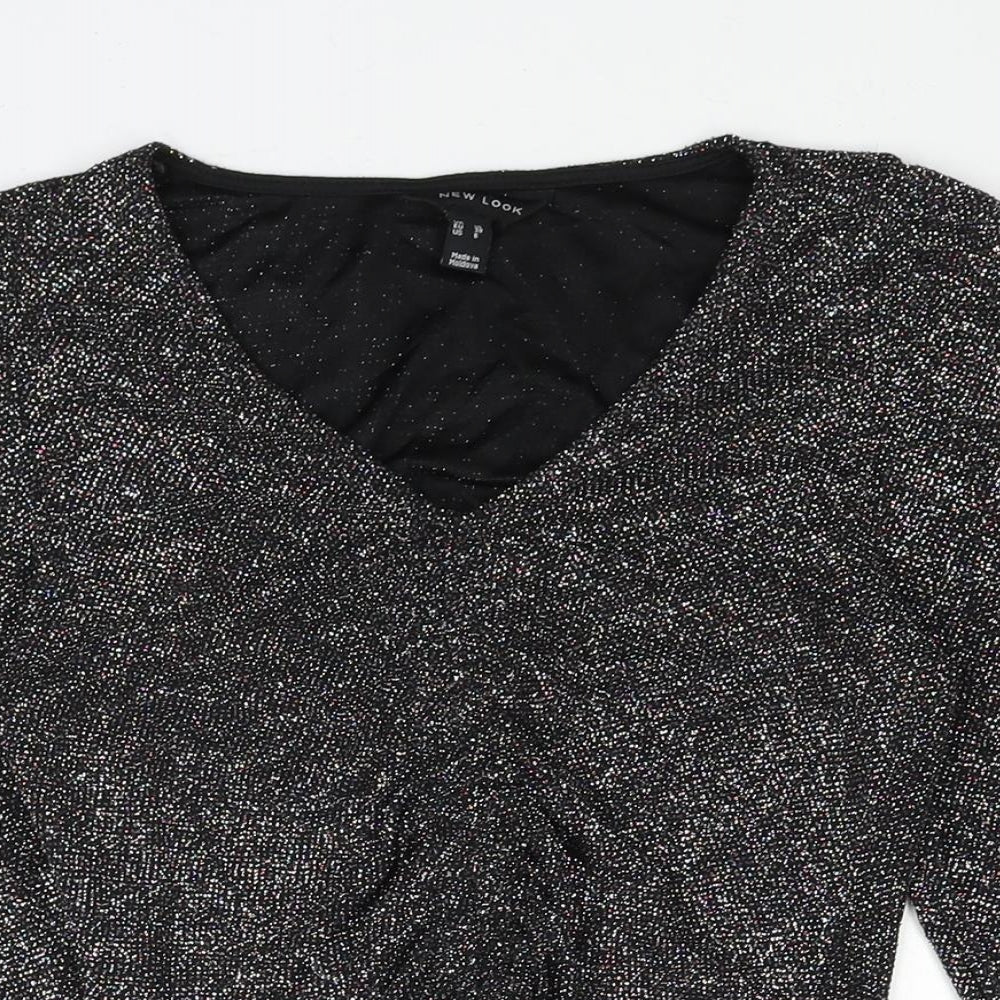 New Look Womens Black Nylon Basic Blouse Size 10 V-Neck - Drawstring Detail Glitter