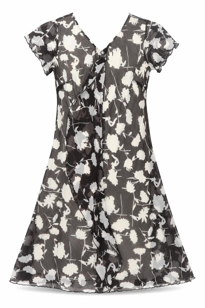 Front view of Klass women’s black geometric polyester shift, size UK 14, v-neck pullover - frill floral print
