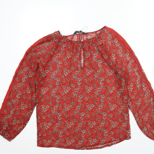 Marks and Spencer Womens Red Floral Polyester Basic Blouse Size 6 Round Neck - Semi Sheer Keyhole Neck