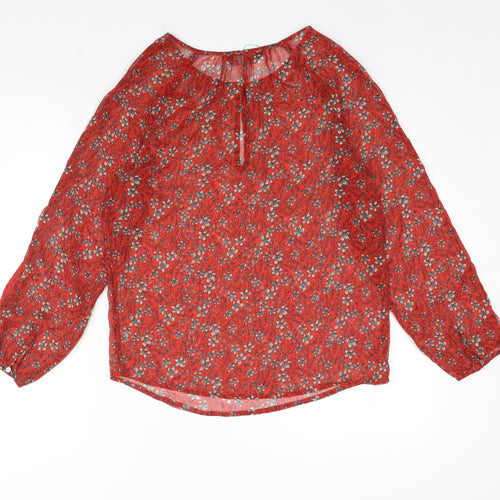 Marks and Spencer Womens Red Floral Polyester Basic Blouse Size 6 Round Neck - Semi Sheer Keyhole Neck