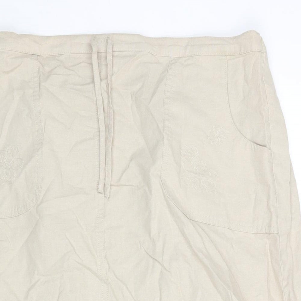 EWM Womens Beige Cotton A-Line Skirt Size 16 Drawstring - Vented Floral Embroidery Detail