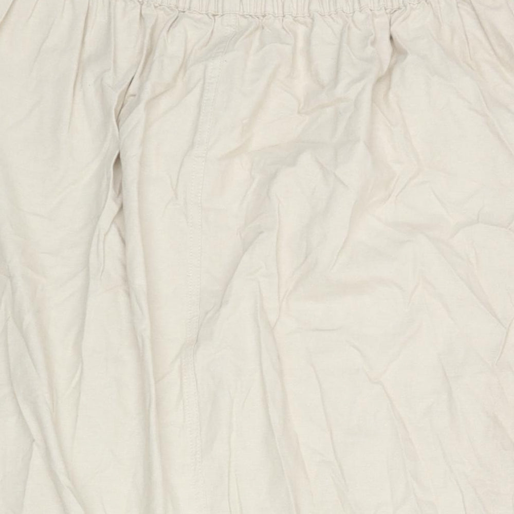 EWM Womens Beige Cotton A-Line Skirt Size 16 Drawstring - Vented Floral Embroidery Detail