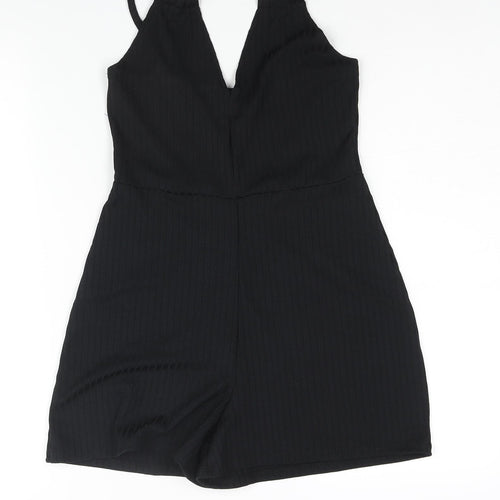 PRETTYLITTLETHING Womens Black Polyester Playsuit One-Piece Size 10 L3 in Pullover - Ribbed