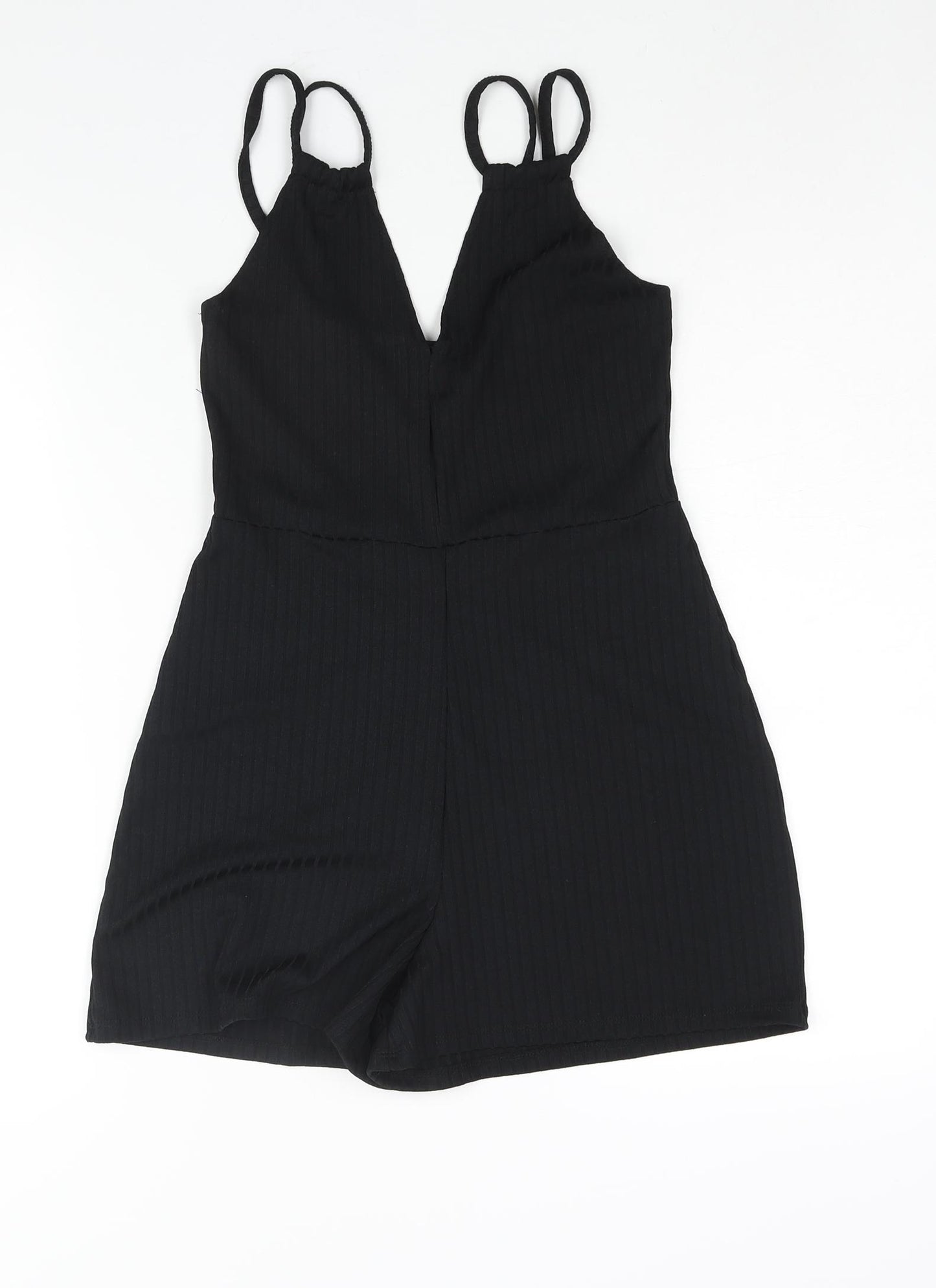 PRETTYLITTLETHING Womens Black Polyester Playsuit One-Piece Size 10 L3 in Pullover - Ribbed