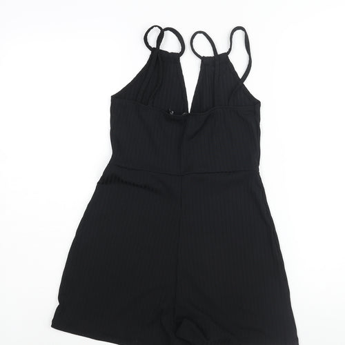 PRETTYLITTLETHING Womens Black Polyester Playsuit One-Piece Size 10 L3 in Pullover - Ribbed